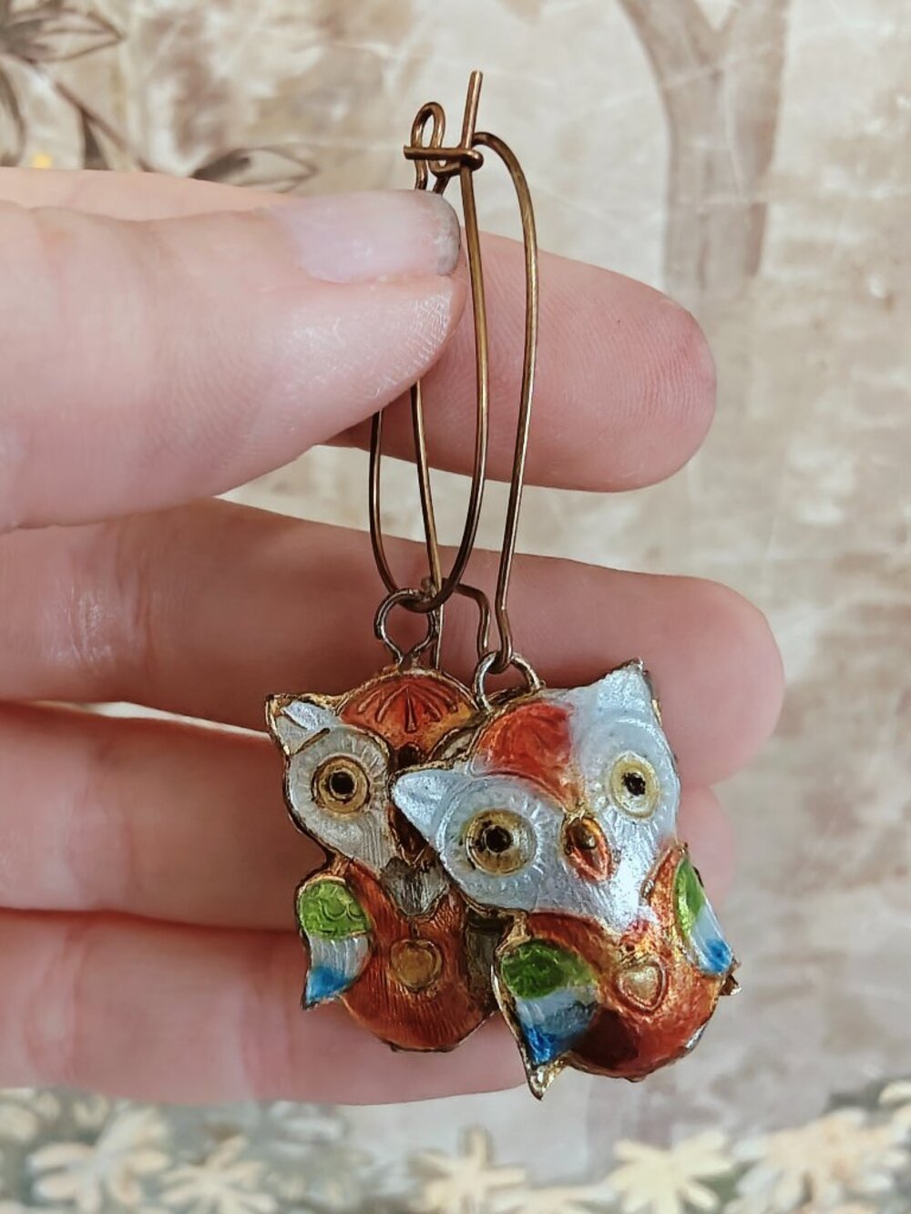 Vintage Enamel Owl Dangle Earrings Colorful Gold Tone Whimsical
